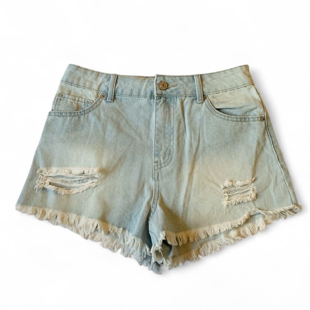 Rewash High Rise Frayed Hem Jean Shorts Size 5/27 Distressed Blue Denim